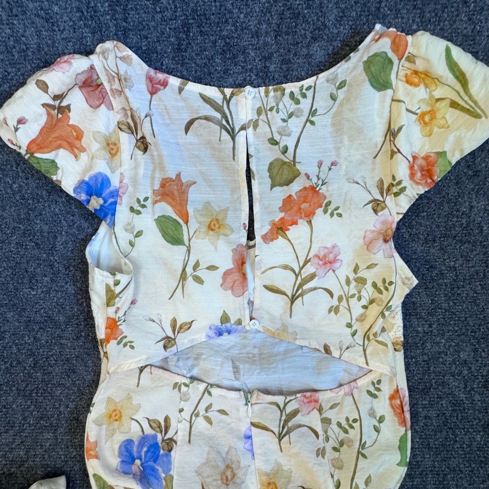 VICI Floral Lace Bodice Open Back Maxi Dress Cream Blue Orange Womens Medium - Picture 5 of 8